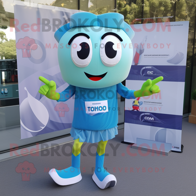 Cyan Miso Soup mascot costume character dressed with a Running Shorts and Bow ties