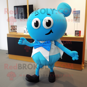 Cyan Miso Soup mascot costume character dressed with a Running Shorts and Bow ties