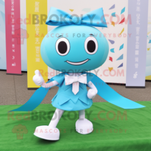 Cyan Miso Soup mascot costume character dressed with a Running Shorts and Bow ties