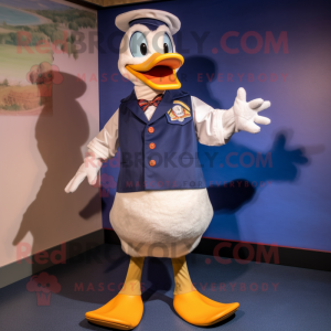 Navy Muscovy Duck mascot costume character dressed with a Dress Shirt and Mittens