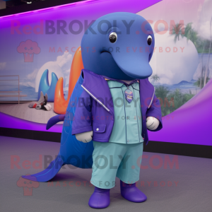 Purple Blue Whale mascot costume character dressed with a Jacket and Bracelet watches