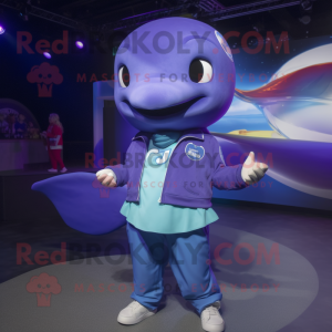Purple Blue Whale mascot costume character dressed with a Jacket and Bracelet watches