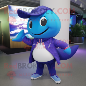 Purple Blue Whale mascot costume character dressed with a Jacket and Bracelet watches