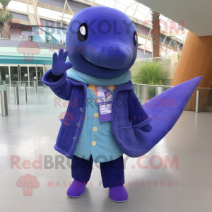 Purple Blue Whale mascot costume character dressed with a Jacket and Bracelet watches