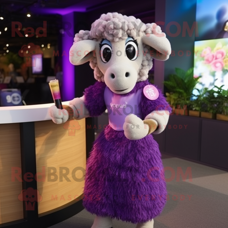 Purple Ram mascot costume character dressed with a Cocktail Dress and Hairpins