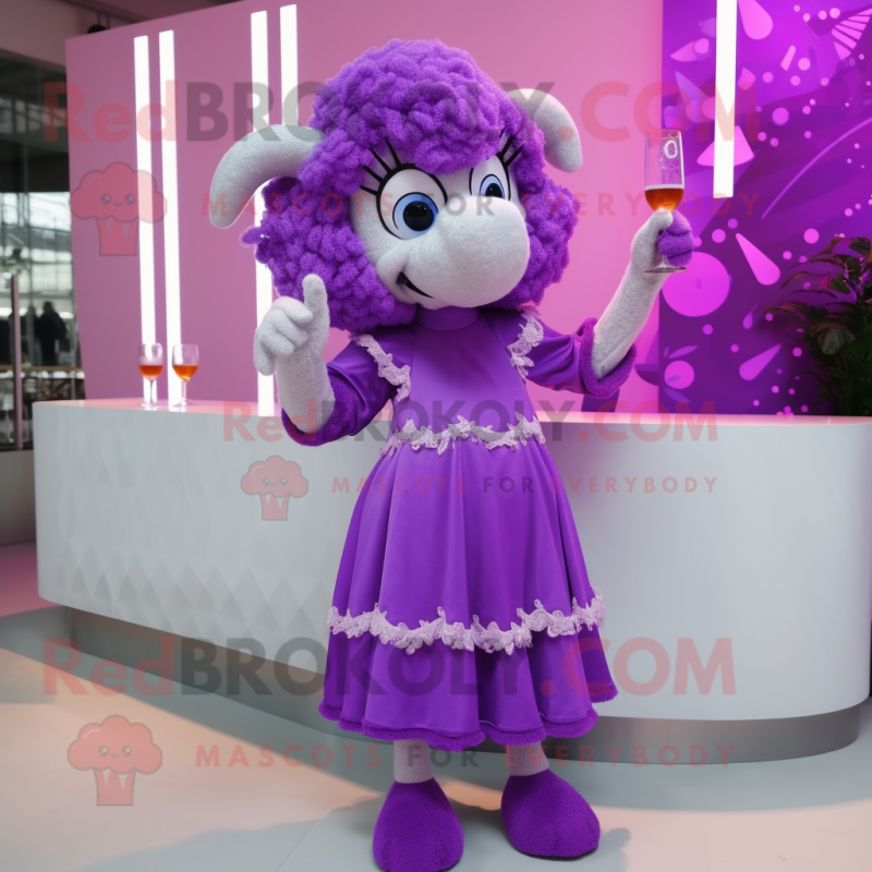 Purple Ram mascot costume character dressed with a Cocktail Dress and Hairpins