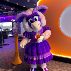 Purple Ram mascot costume character dressed with a Cocktail Dress and Hairpins