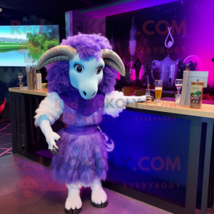 Purple Ram mascot costume character dressed with a Cocktail Dress and Hairpins