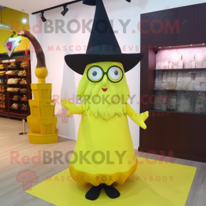 Lemon Yellow Witch'S Hat mascot costume character dressed with a Shift Dress and Eyeglasses