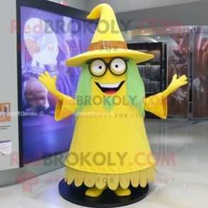 Lemon Yellow Witch'S Hat mascot costume character dressed with a Shift Dress and Eyeglasses