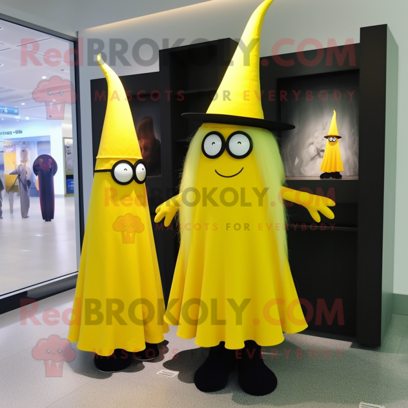 Lemon Yellow Witch'S Hat mascot costume character dressed with a Shift Dress and Eyeglasses Lemon Yellow Witch'S Hat mascot costume character dressed with a Shift Dress and Eyeglasses
