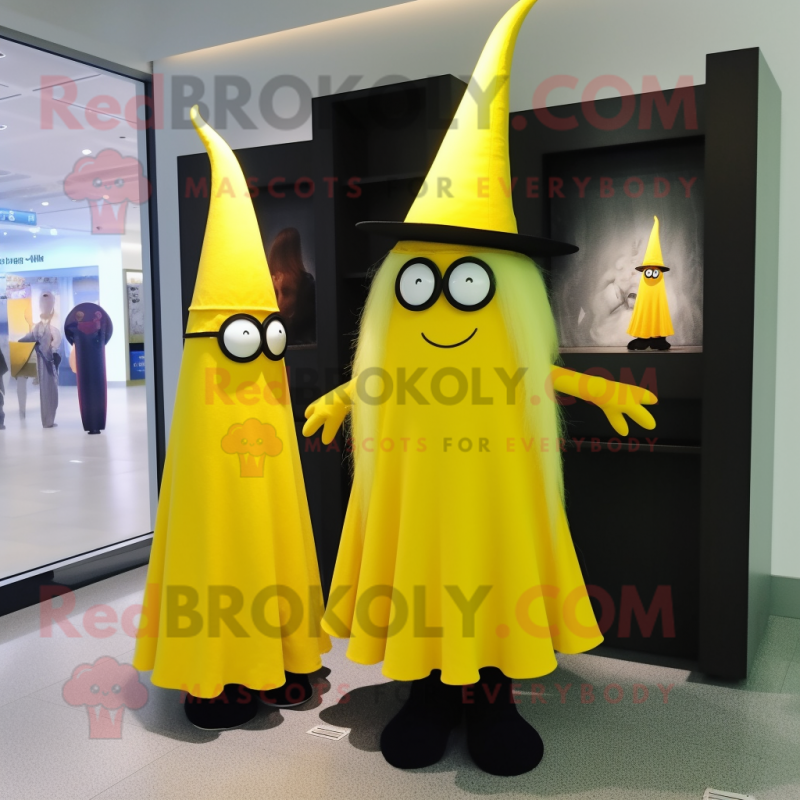 Lemon Yellow Witch'S Hat mascot costume character dressed with a Shift Dress and Eyeglasses