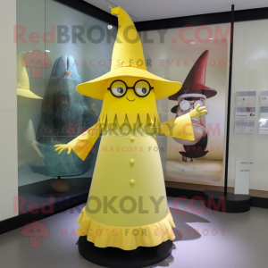 Lemon Yellow Witch'S Hat mascot costume character dressed with a Shift Dress and Eyeglasses