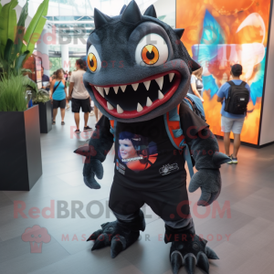 Black Piranha mascot costume character dressed with a Graphic Tee and Backpacks