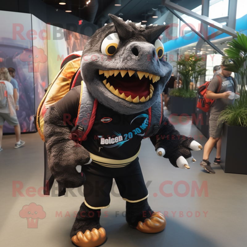 Black Piranha mascot costume character dressed with a Graphic Tee and Backpacks