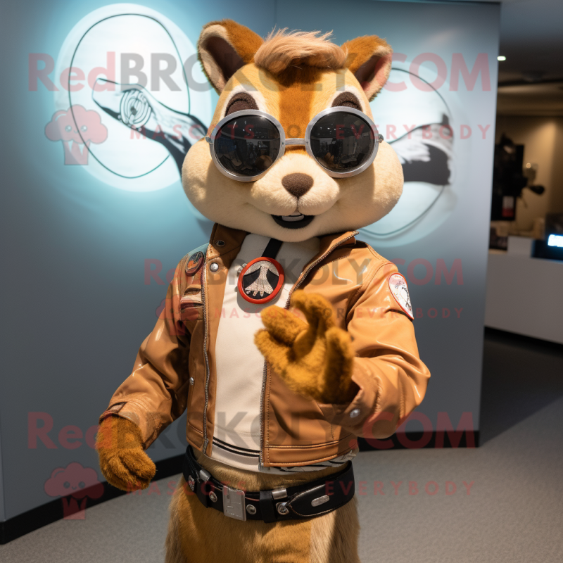 Tan Squirrel mascot costume character dressed with a Moto Jacket and Bracelet watches