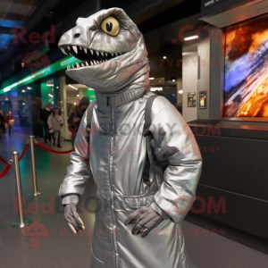 Silver Allosaurus mascot costume character dressed with a Parka and Headbands