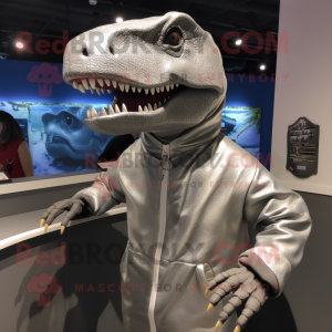 Silver Allosaurus mascot costume character dressed with a Parka and Headbands