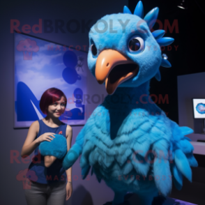 Blue Dodo Bird mascot costume character dressed with a Tank Top and Hairpins