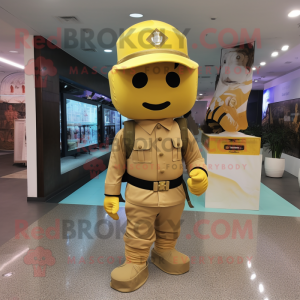 Gold Army Soldier mascot costume character dressed with a Jacket and Messenger bags