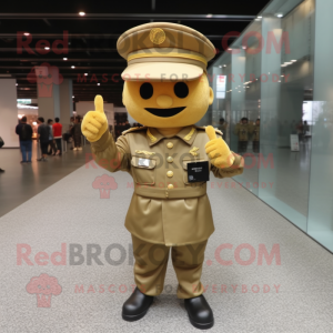 Gold Army Soldier mascot costume character dressed with a Jacket and Messenger bags