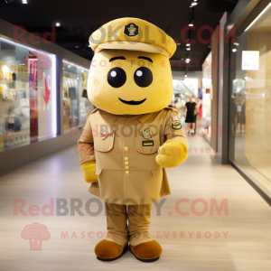 Gold Army Soldier mascot costume character dressed with a Jacket and Messenger bags