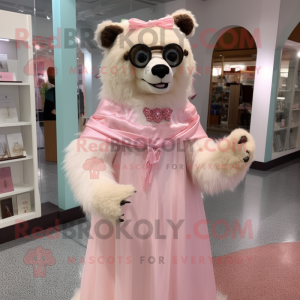 Pink Spectacled Bear mascot costume character dressed with a Wedding Dress and Shawl pins