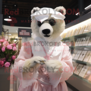 Pink Spectacled Bear mascot costume character dressed with a Wedding Dress and Shawl pins