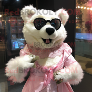 Pink Spectacled Bear mascot costume character dressed with a Wedding Dress and Shawl pins
