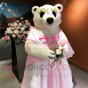 Pink Spectacled Bear mascot costume character dressed with a Wedding Dress and Shawl pins