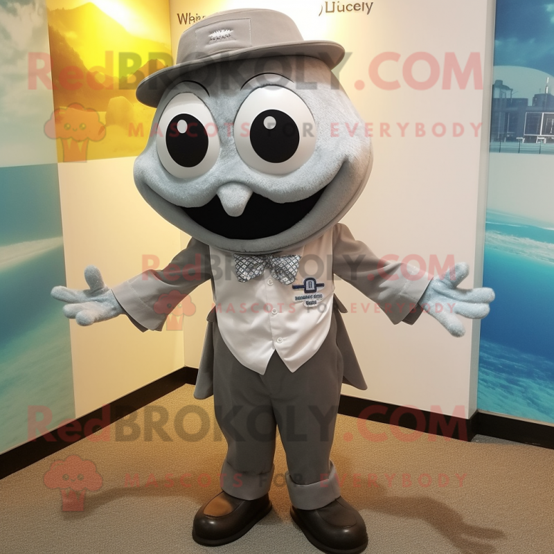 Gray Oyster mascot costume character dressed with a Polo Tee and Bow ties