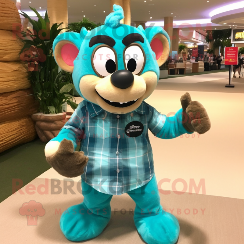 Turquoise Monkey mascot costume character dressed with a Flannel Shirt and Bracelets