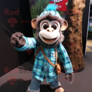 Turquoise Monkey mascot costume character dressed with a Flannel Shirt and Bracelets