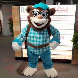 Turquoise Monkey mascot costume character dressed with a Flannel Shirt and Bracelets