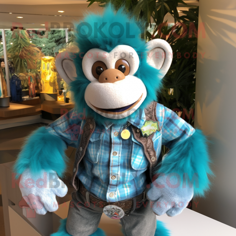 Turquoise Monkey mascot costume character dressed with a Flannel Shirt and Bracelets