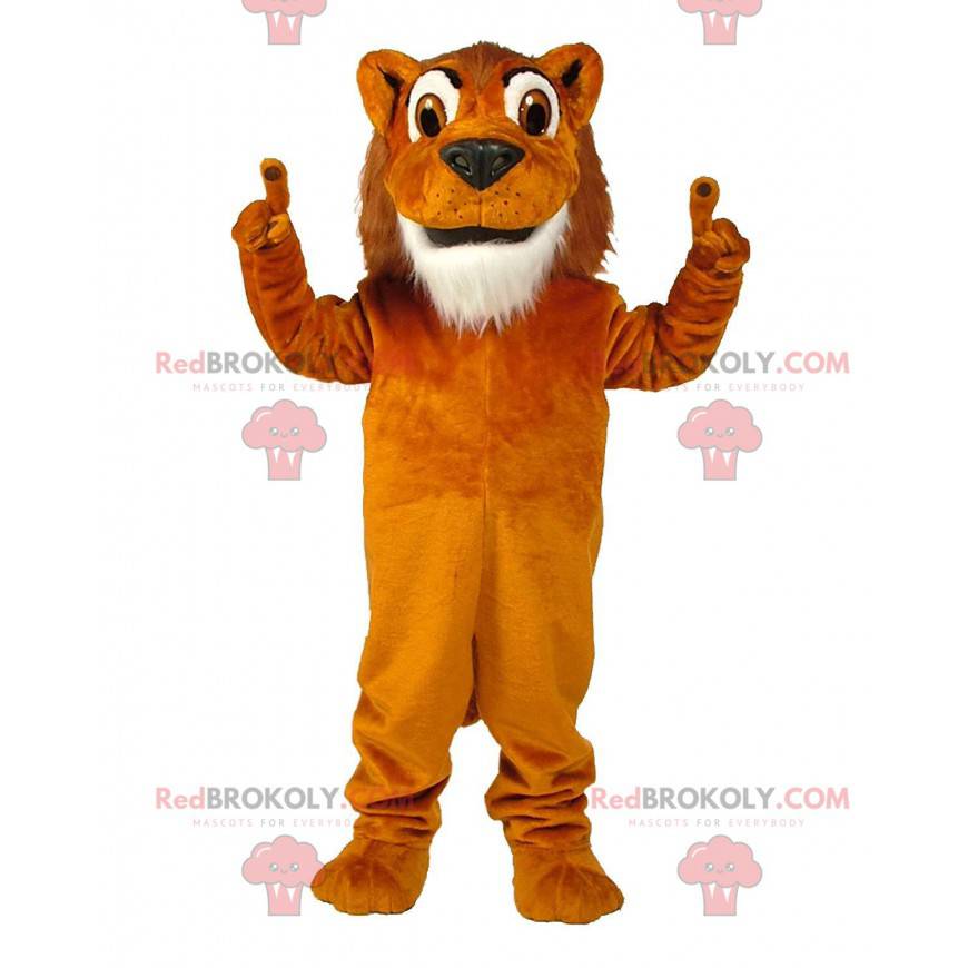Orange and white lion mascot, colorful feline costume -