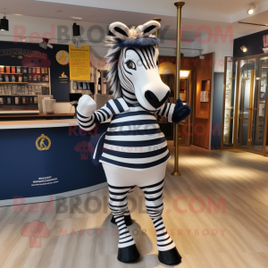 Navy Zebra mascot costume character dressed with a Pleated Skirt and Belts
