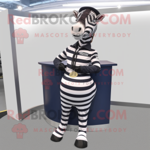 Navy Zebra mascot costume character dressed with a Pleated Skirt and Belts