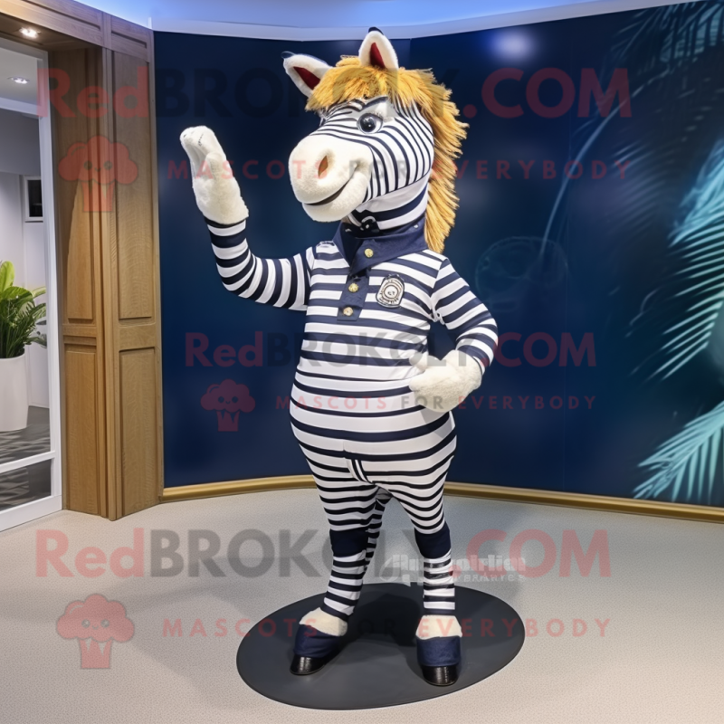 Navy Zebra mascot costume character dressed with a Pleated Skirt and Belts