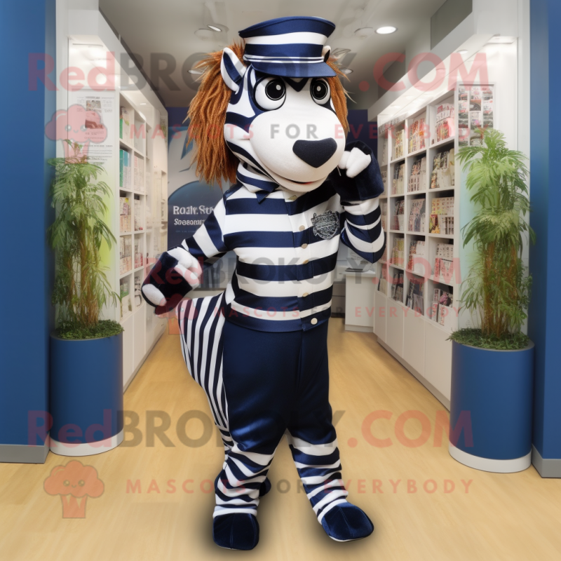 Navy Zebra mascot costume character dressed with a Pleated Skirt and Belts