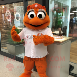 Rust Orange mascot costume character dressed with a Poplin Shirt and Bracelet watches