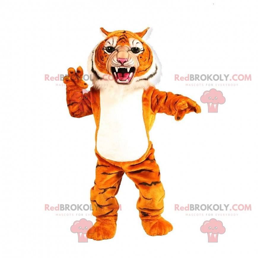 Mascote tigre laranja, branco e preto parecendo feroz -