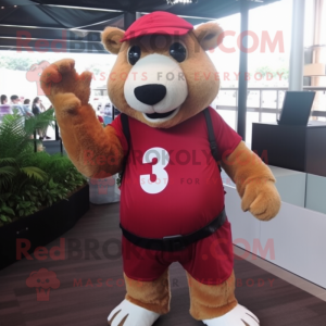 Maroon Capybara mascot costume character dressed with a Mom Jeans and Gloves