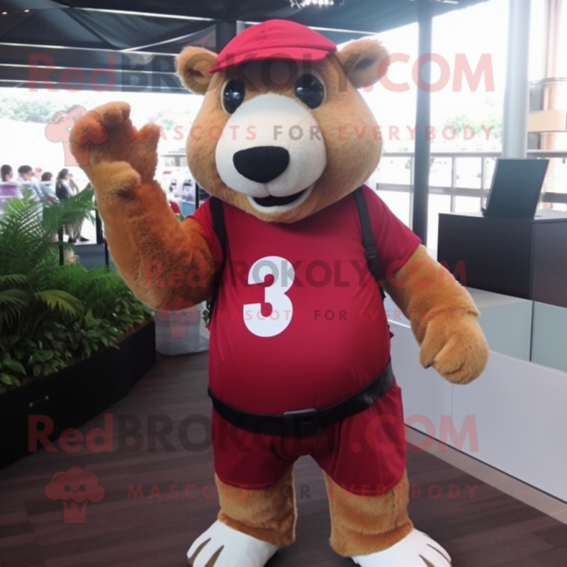 Maroon Capybara mascot costume character dressed with a Mom Jeans and Gloves Maroon Capybara mascot costume character dressed with a Mom Jeans and Gloves