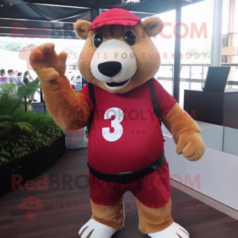 Maroon Capybara mascot costume character dressed with a Mom Jeans and Gloves