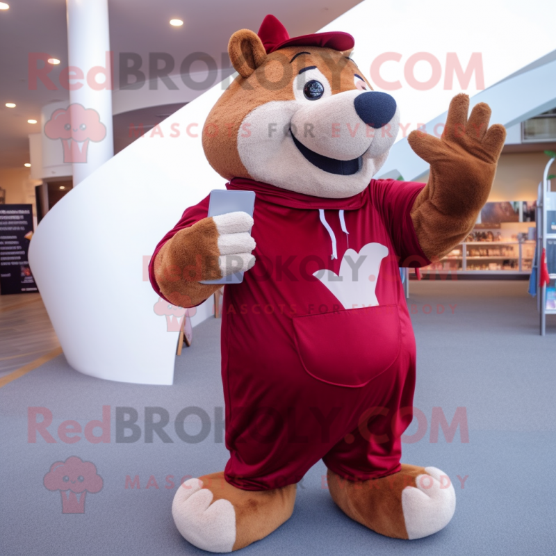 Maroon Capybara mascot costume character dressed with a Mom Jeans and Gloves Maroon Capybara mascot costume character dressed with a Mom Jeans and Gloves