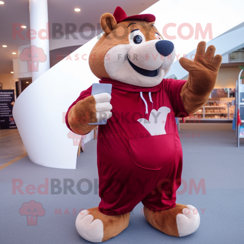 Maroon Capybara mascot costume character dressed with a Mom Jeans and Gloves