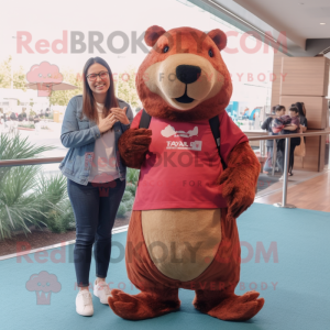 Maroon Capybara mascot costume character dressed with a Mom Jeans and Gloves