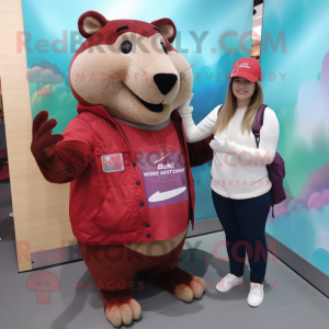 Maroon Capybara mascot costume character dressed with a Mom Jeans and Gloves