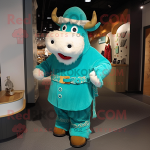 Turquoise Beef Stroganoff mascot costume character dressed with a Coat and Shoe laces